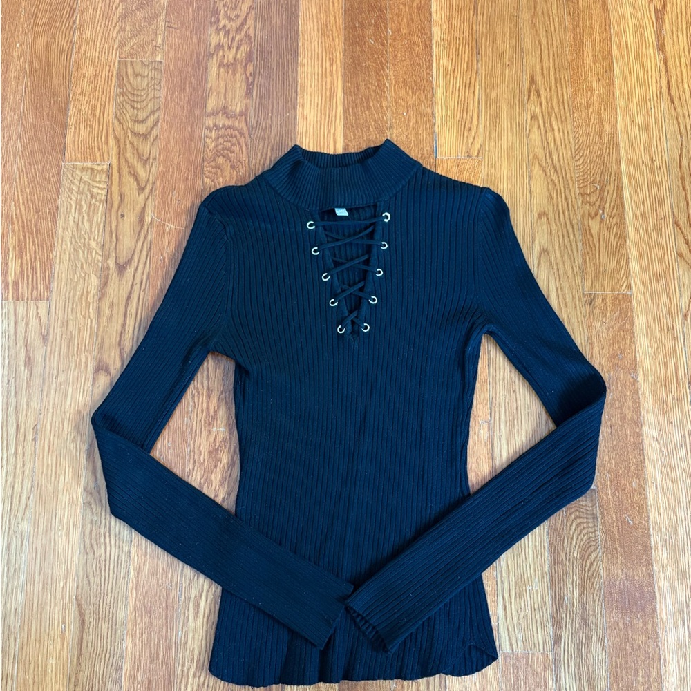 Derek Heart Black Lace-Up Ribbed Long Sleeve Top